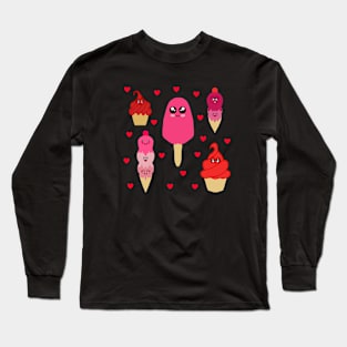 Cute Kawaii Ice Cream Combo With Hearts Long Sleeve T-Shirt